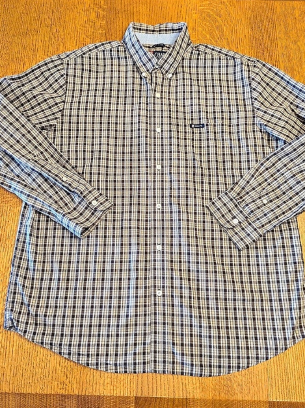 Chaps Easy Care Plaid Button Down Long Sleeve Shirt -Black, Tan & White Mens XL